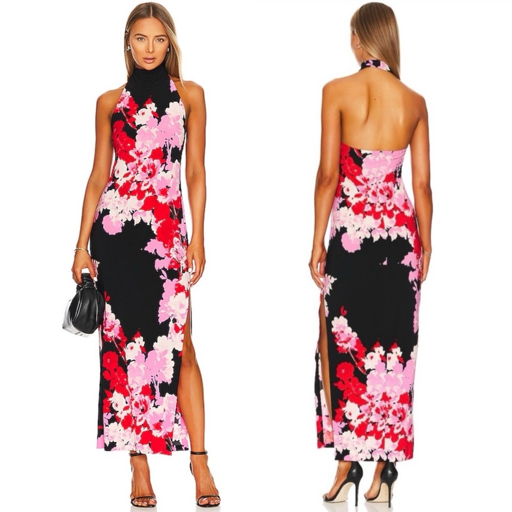 Norma Kamali Black Floral Halter Maxi Dress with Pink and Red Accents